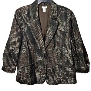 Chicos 2 Large Metallic Blazer Jacket Green Black Gold Bronze Party Glam 3/4 Slv